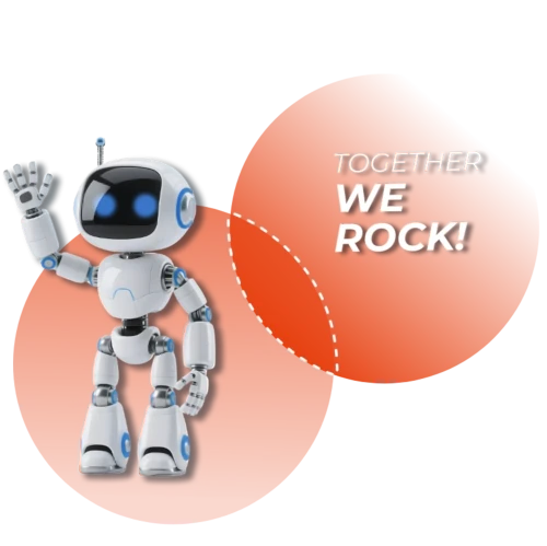 der Roboter SAM winkt, daneben der Schriftzug 'Together we rock!'